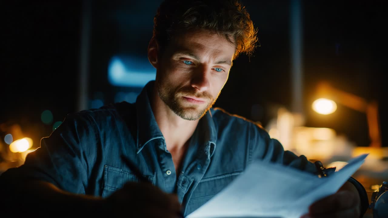 A thoughtful man examines documents in a dimly lit room, focusing intently on the pages in front of him, illuminated by warm ambient light, highlighting his deep contemplation and curiosity
