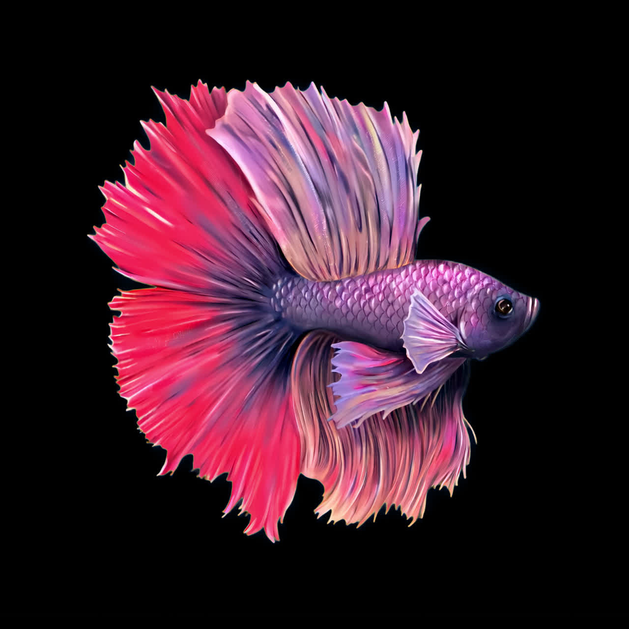 Vibrant betta fish illustration animation isolated asset, transparent 4K video, alpha channel