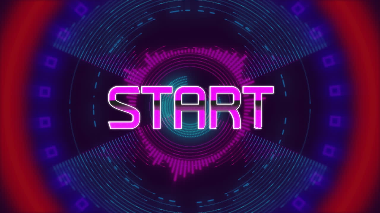 Animation of start text over moving colorful circles on dark background