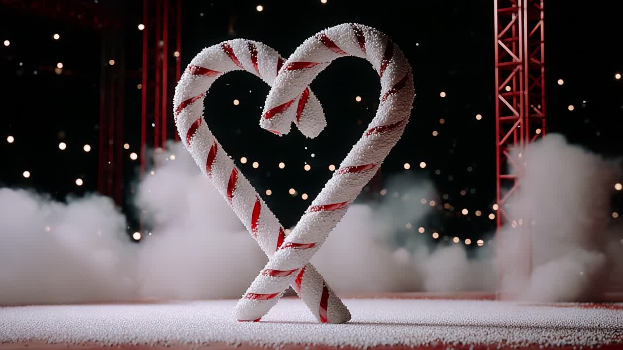 A Festively Crafted Heart in Candy Cane Design Surrounded by Whimsical Smoke and Sparkling Lights, Creating a Magical Feel of Celebration and Love for the Holiday Season