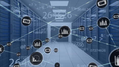 animation of network of connections with icons and data processing over server room