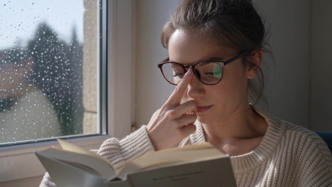 Lezende vrouw in trui duwt bril omhoog na het voelen van een vlek op het raam, hervat boek, vrije ruimte