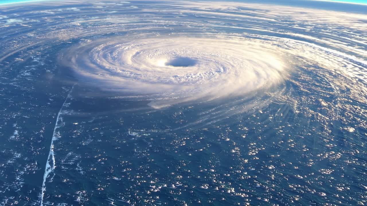 Concept video dall'alto di un uragano vorticoso, che mostra la sua potente formazione a spirale.