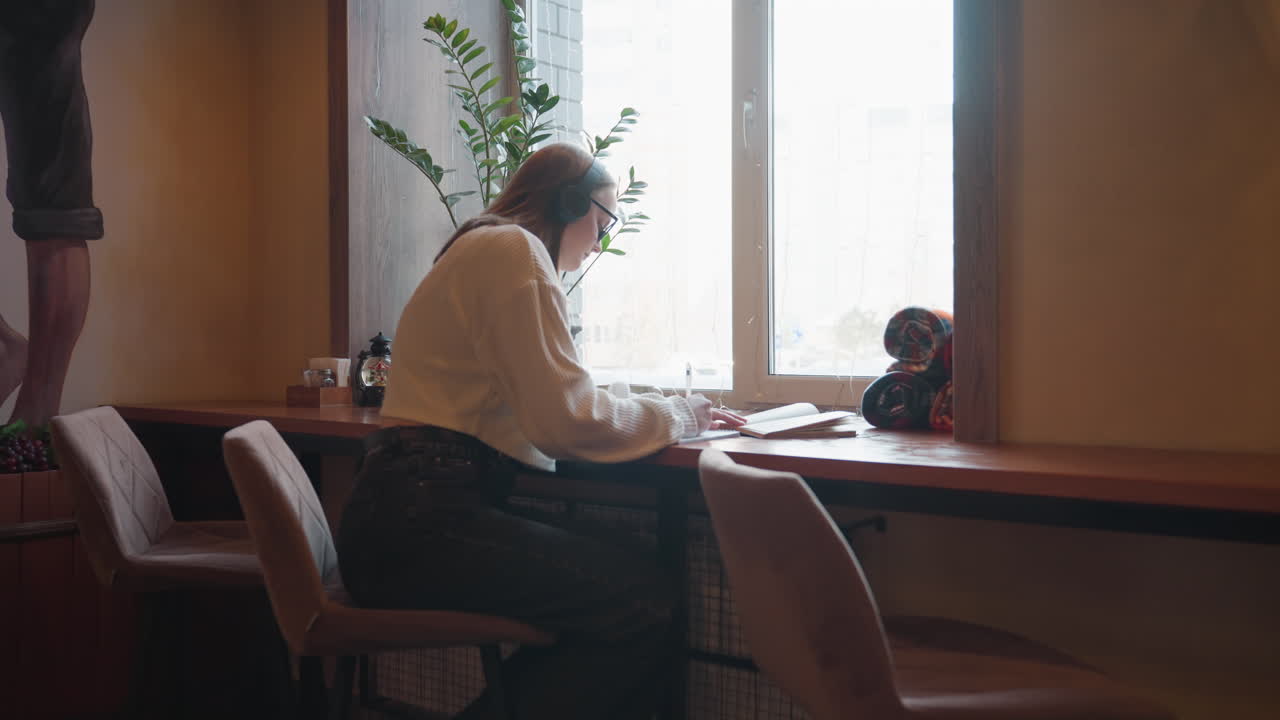 young lady wearing headphones writes in notebook while listening to music with open novel on table seated by window in cozy indoor cafe with warm lighting and indoor plants