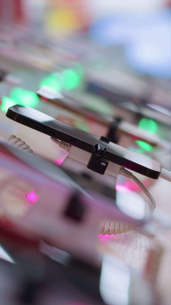 상점에 전시된 스마트폰의 한 줄의 클로즈업 뷰, 각각은 보안 케이블로 연결되어 있으며 다채로운 불빛으로 조명되어 있으며, 배경에는 사람들의 흐릿한 뷰가 있습니다.