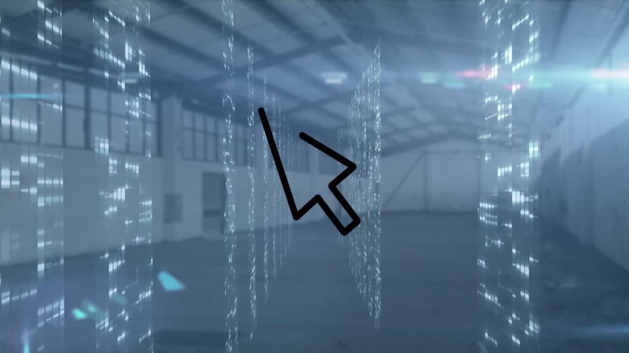 Animation of arrow cursor icon over multiple screens of mosaic squares against empty warehouse
