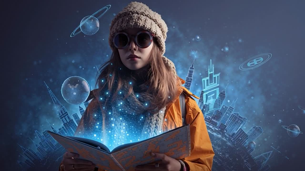 Nuori nainen tutkii futuristista kaupunkia kartta kädessään.