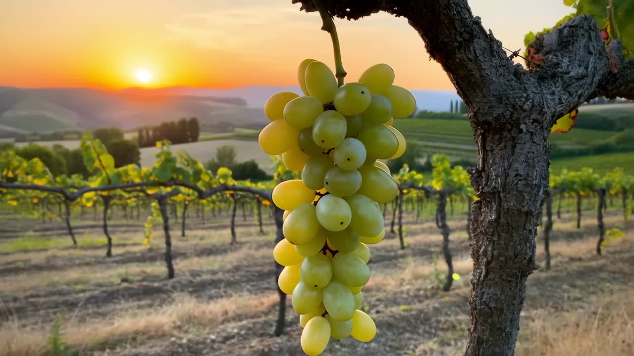 Green Grapes on a Vine in a Vineyard at Sunset