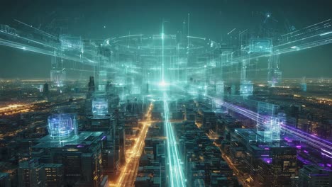 futuristic cityscape with digital network overlay