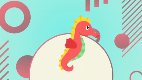 animation of sea horse over green background with shapes