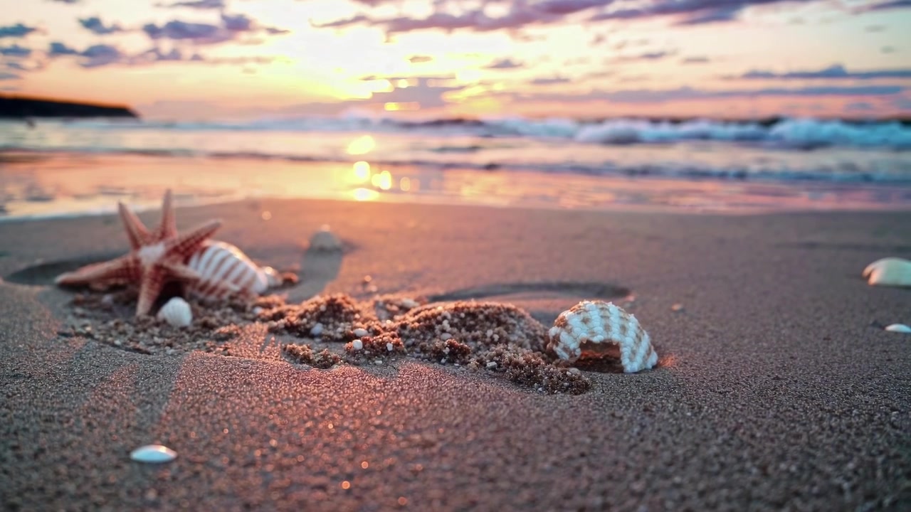 Starfish and Seashells on Sandy Beach at Sunset