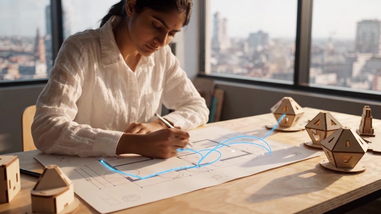 Innovative Designer Sketching Architectural Plans with Precision and Detail in a Modern Workspace with Miniature Models and a Stunning City View