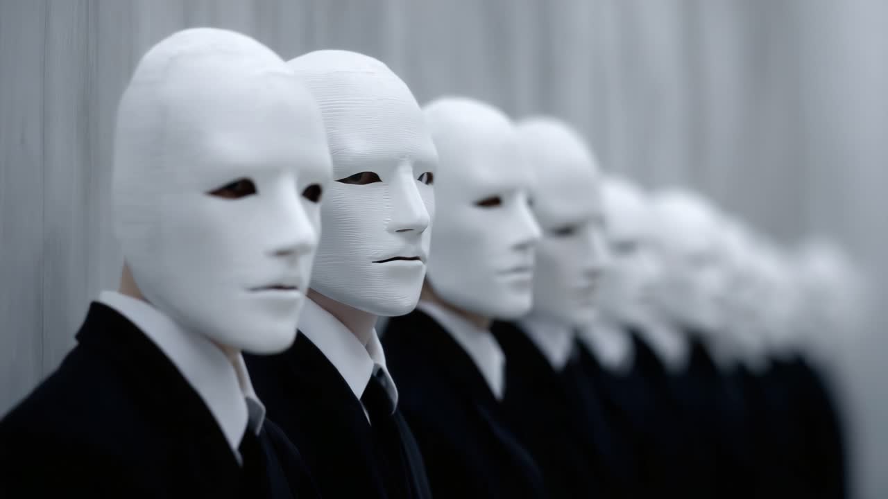 白く滑らかな仮面をつけたフォーマルな服装の神秘的な人物の列。殺風景な環境の中で、アイデンティティと個性に関する興味と憶測を呼び起こす