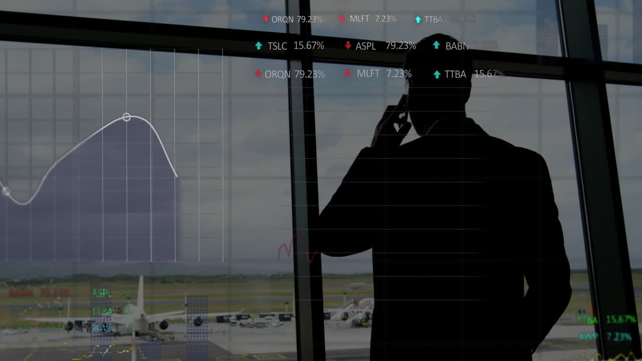 Animation of financial data processing over caucasian businessman using smartphone