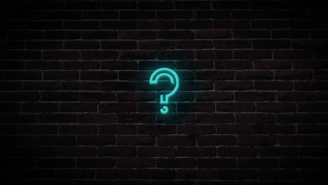 4K Question mark neon sign light on brick wall background. Glowing large illuminated advertisement in looped animation.