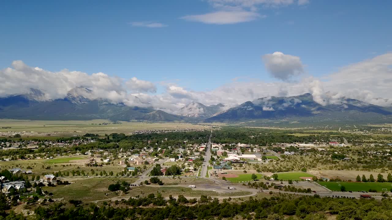 drone shot over Buena Vista Colorado in the Rocky Mountains with a Mountain View.