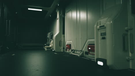 interior view of a futuristic space station corridor during a nighttime mission