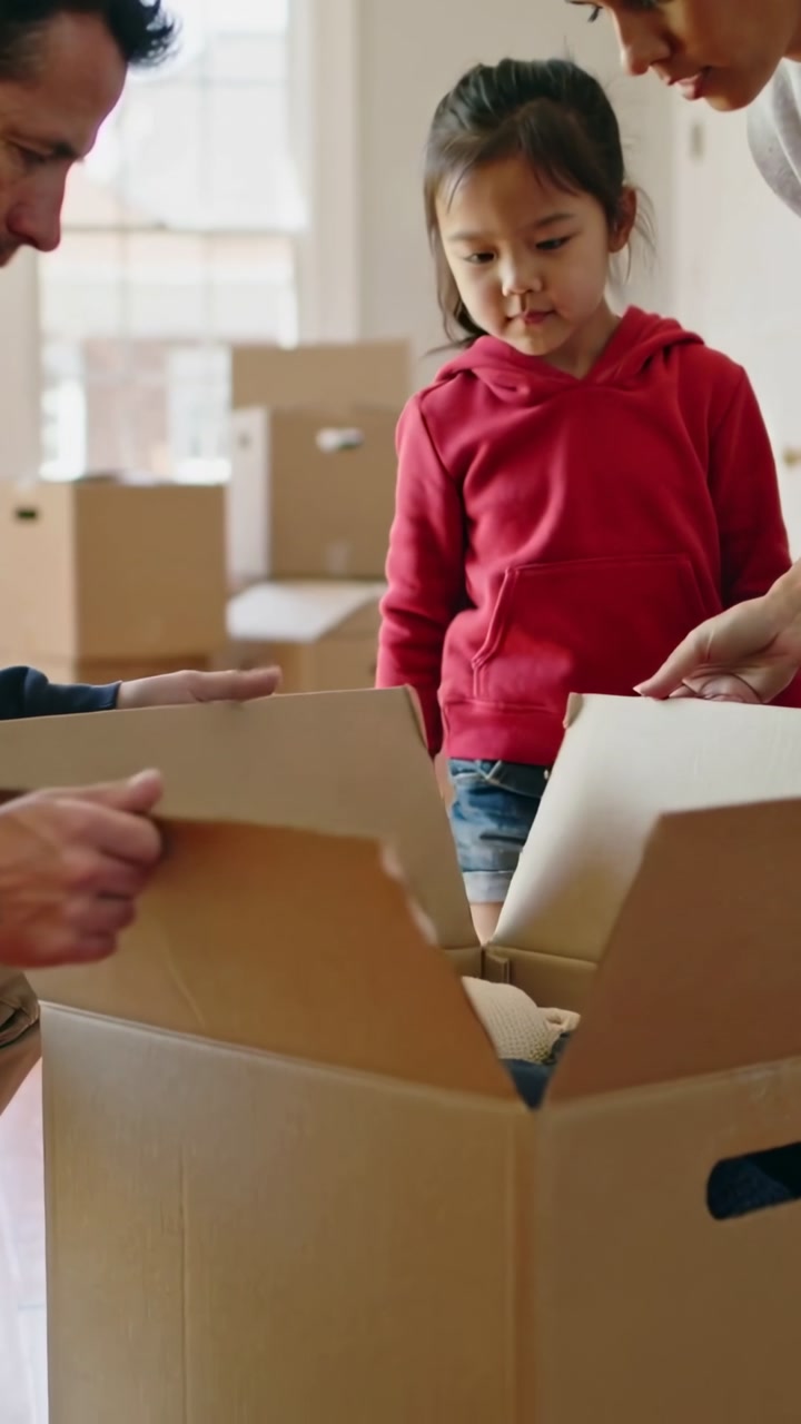 Family Unpacking Cardboard Box Together in New Home