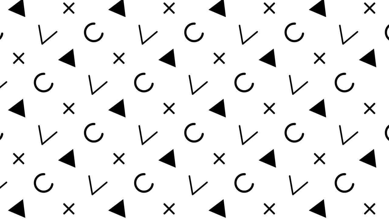 Retro abstract design Black pattern background with colorful triangles, circles, lines and zigzags. Memphis style with geometrical shapes. Loop.