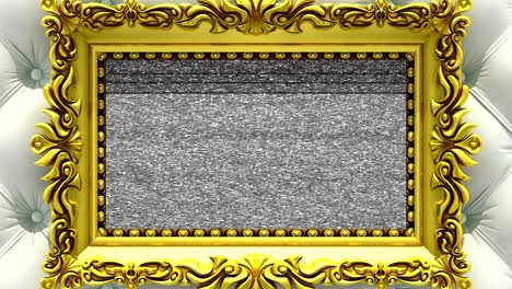 cámara zoom en el marco de la imagen de oro en el fondo de la tapicería blanca de lujo. ruido de la televisión y la clave de croma verde juega en la pantalla. animación 3d.