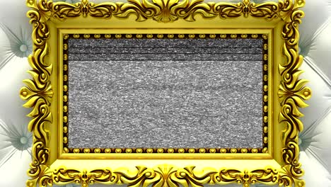 camera zoom into the gold picture frame on background of luxury white upholstery. tv noise and green chroma key plays on the screen. 3d animation.