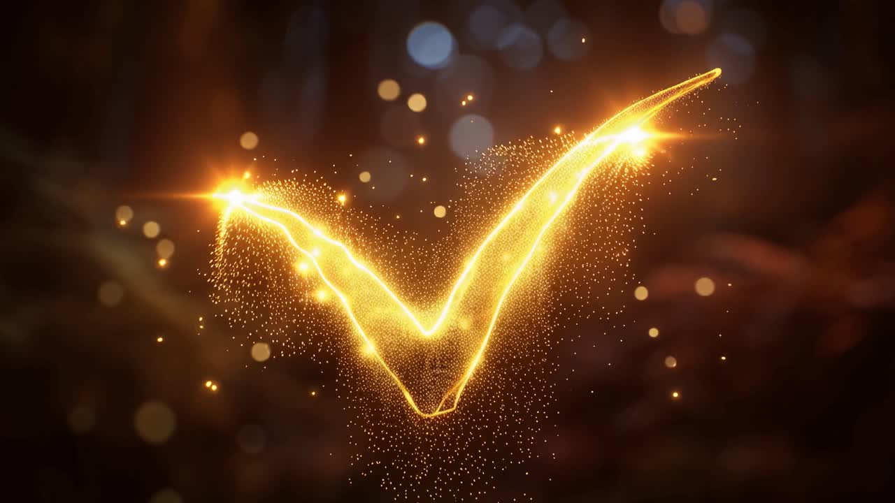Golden check mark glows with energy. Particles swirl around its luminous shape. Soft bokeh lights frame the magical symbol. Warm glow suggests approval or success