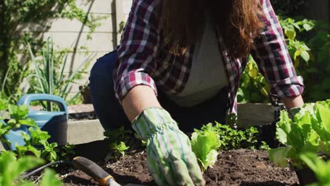 mujer caucásica feliz con sombrero, jardinería y sonriendo en el jardín