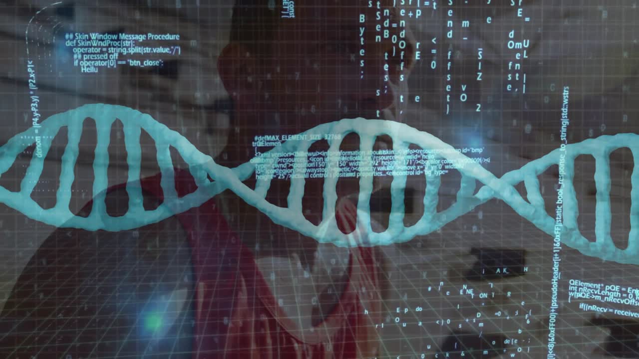 Man appearing on clear screen watching overlay activating, tilting helix and code for biotech