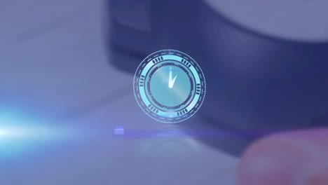 Animation-of-rotating-safe-lock-with-clock-over-light-trail-on-blurred-background