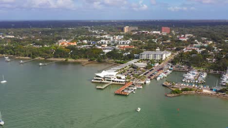 imágenes de drones sobre el centro de dunedin, puerto deportivo de florida con barcos y el golfo de méxico y la bahía de tampa