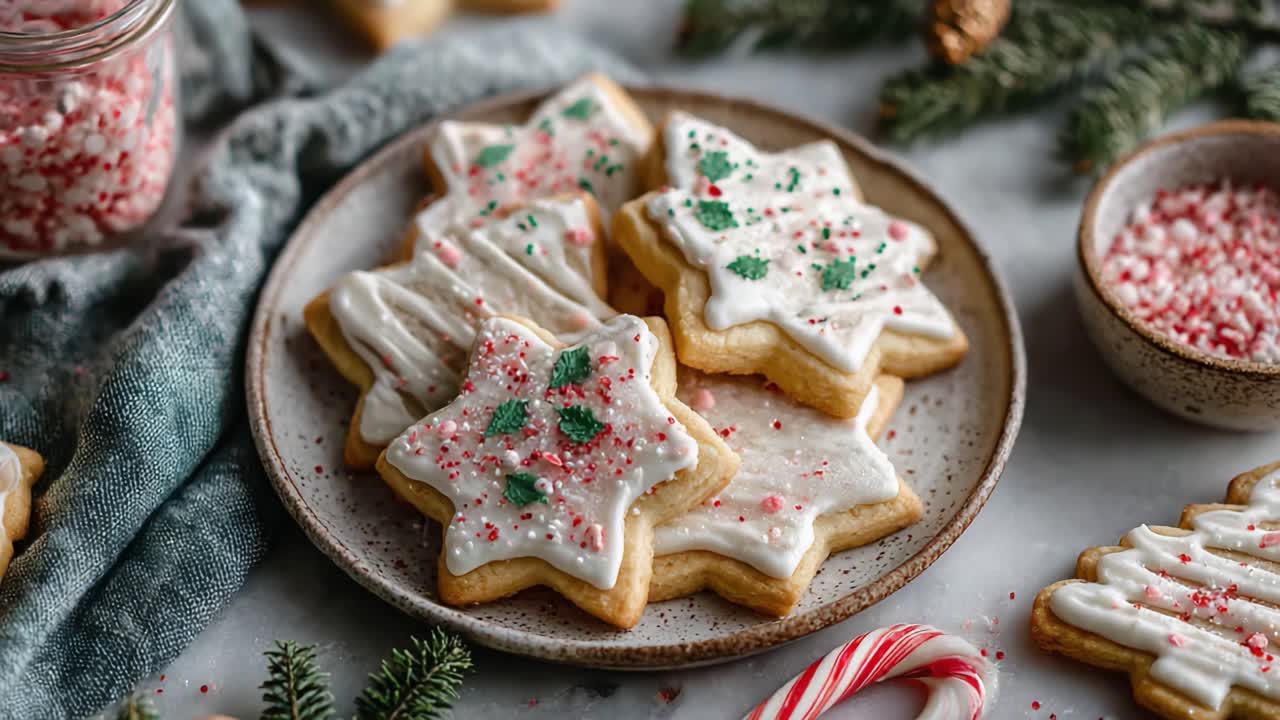Deliciously Decorated Star-Shaped Cookies with Icing and Festive Sprinkles on a Rustic Plate Surrounded by Natural Holiday Decor