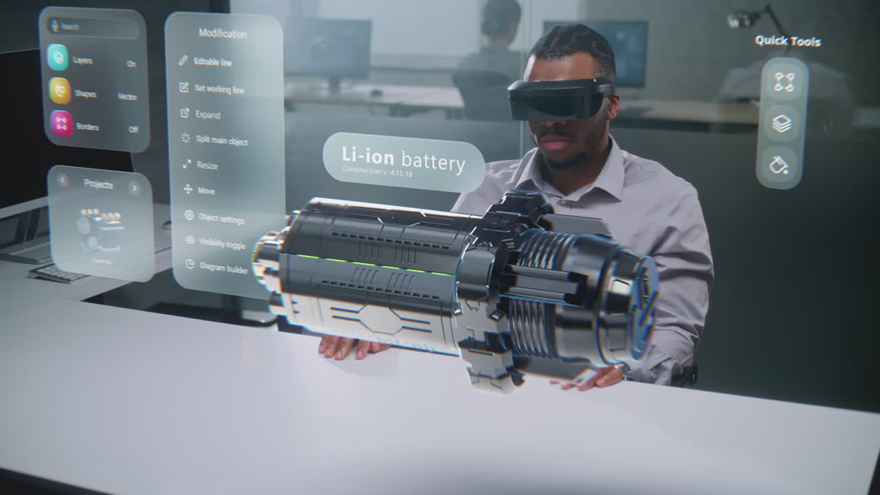 Engineer using VR/AR for 3D design and prototype of a Li-ion battery for electric vehicle