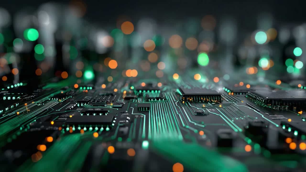 Close-up View of a Computer Circuit Board Showcasing Intricate Layout with Green and Orange LED Lights Emitting a Futuristic Feel
