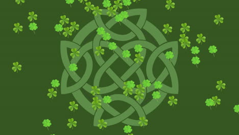 animation of clovers falling for with celtic knot infinity symbol in background