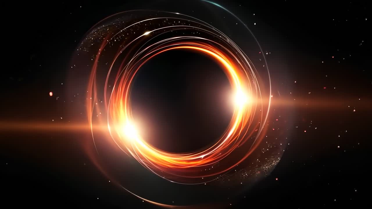 A cosmic video scene featuring a glowing, swirling orange vortex in space