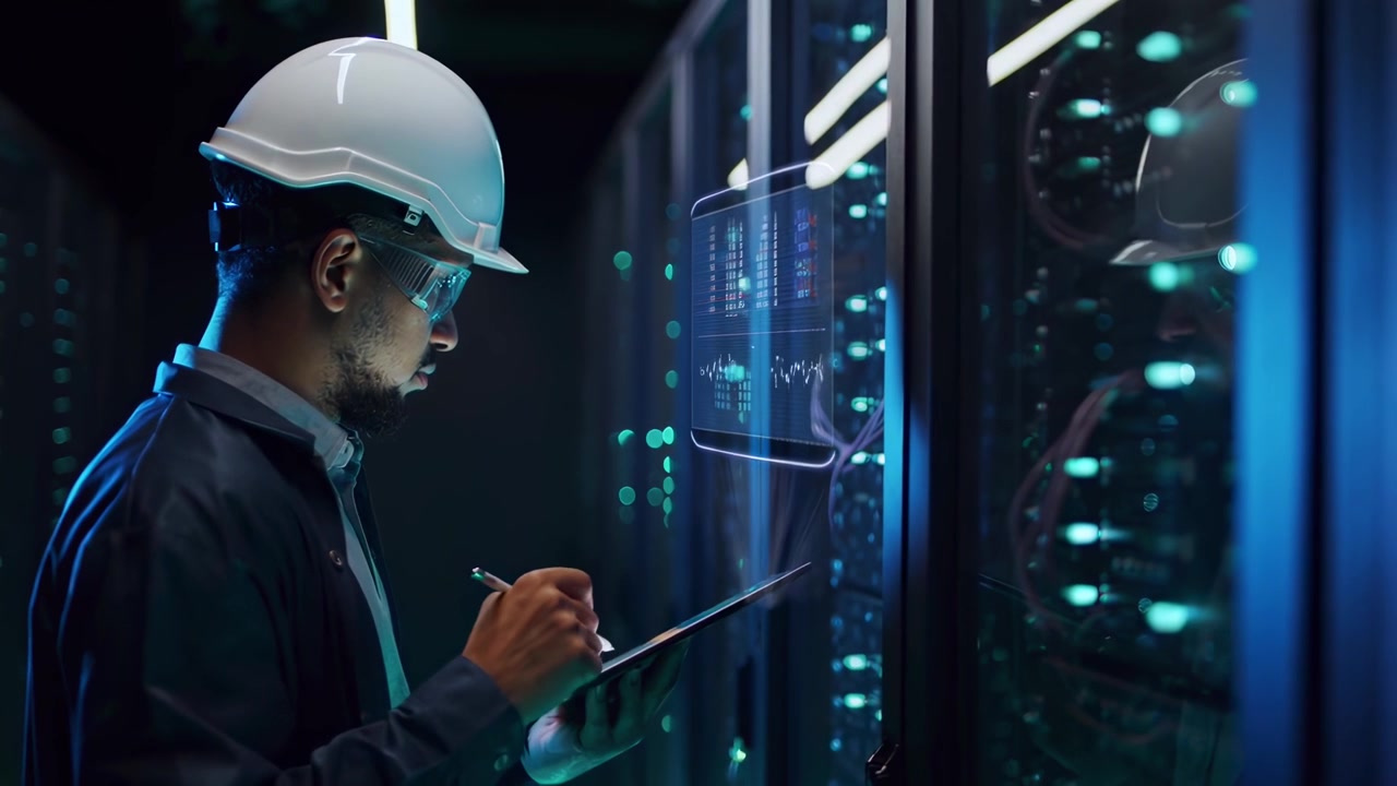 IT Technician Monitoring Server Rack Performance in Data Center