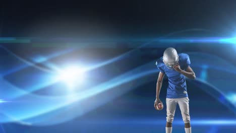 Animation-of-excited-american-football-player-holding-ball-on-dark-background-with-moving-lights