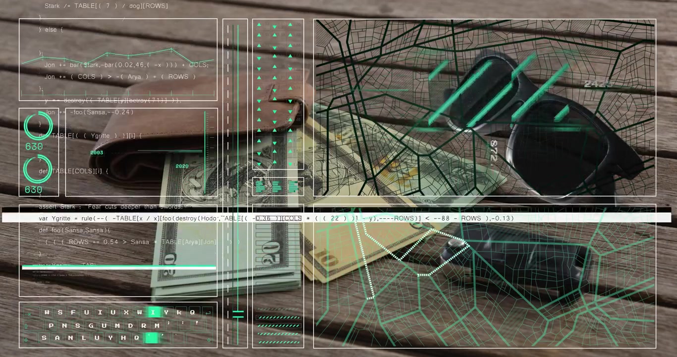 HUD activating scan, overlay pulsing then fading as cash and wallet showing values for audit