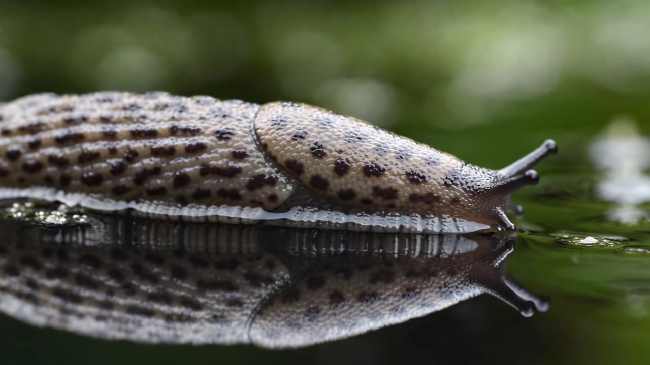 Primo piano di una lumaca che scivola su una superficie riflettente: dettagli accattivanti della sua conchiglia testurizzata e della sua scia viscida.