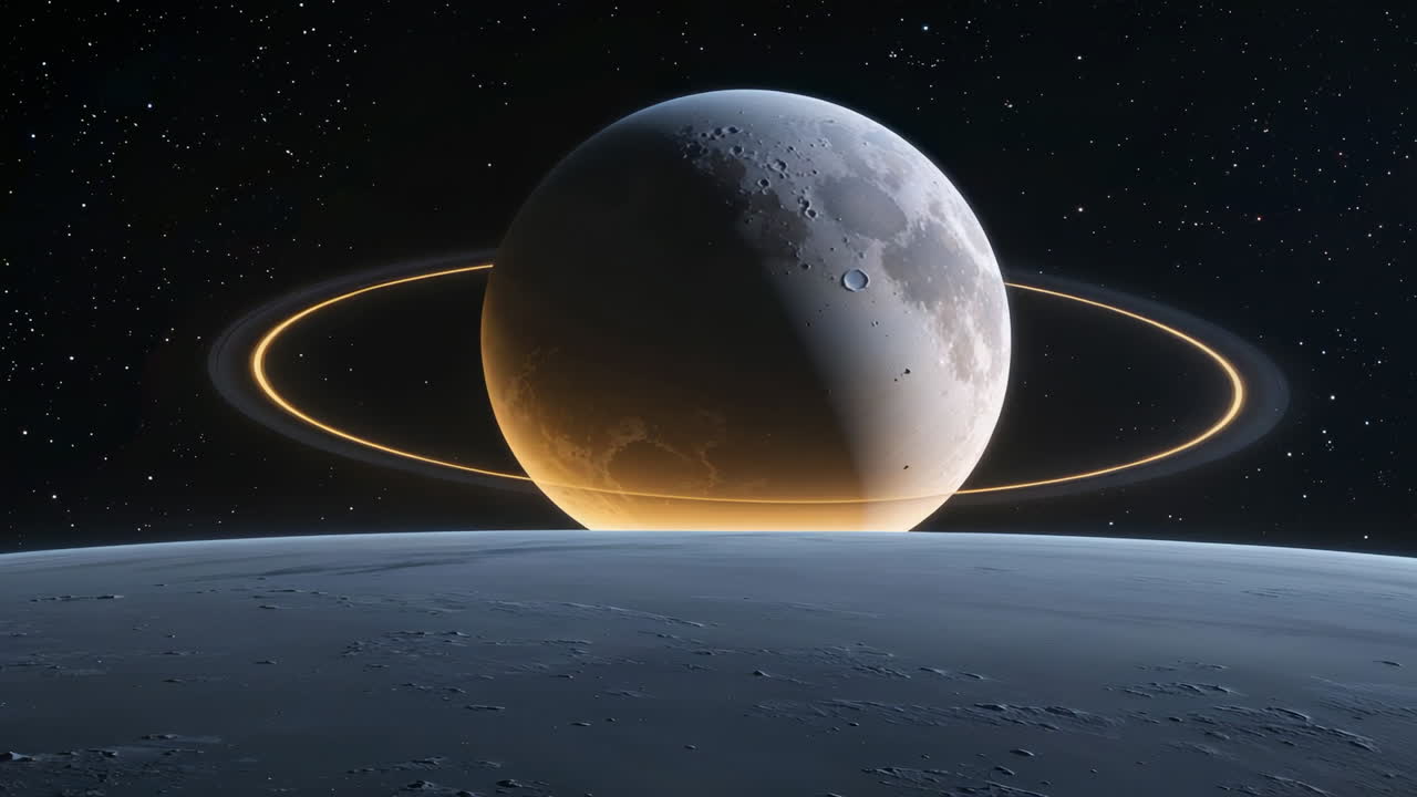 A large moon or planet with prominent rings seen from the surface of another celestial body in space