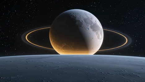 a large moon or planet with prominent rings seen from the surface of another celestial body in space