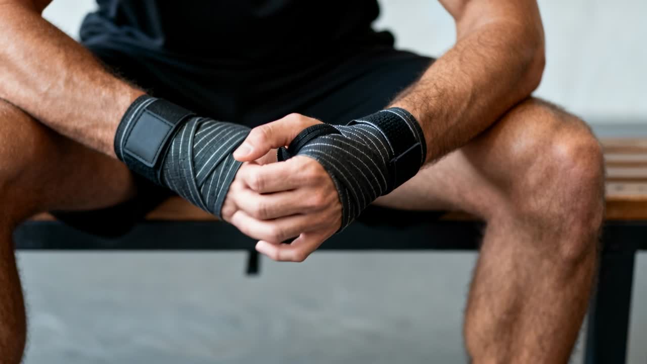 Atleta in pantaloncini neri che si fascia le mani con bende nere su una panca in palestra, preparandosi per la boxe.