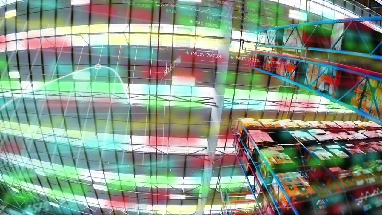 배경에 있는 창고에서 주식 시장 디스플레이의 애니메이션.