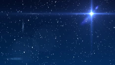 Animation-of-snow-falling-over-glowing-star-on-blue-sky