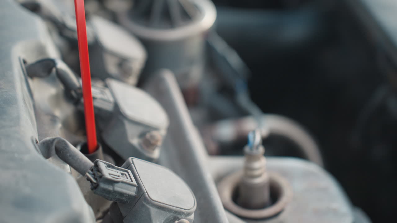 Close up of car engine with red dipstick being returned after checking oil level, hand partially visible in frame during cold weather maintenance routine with mechanical parts