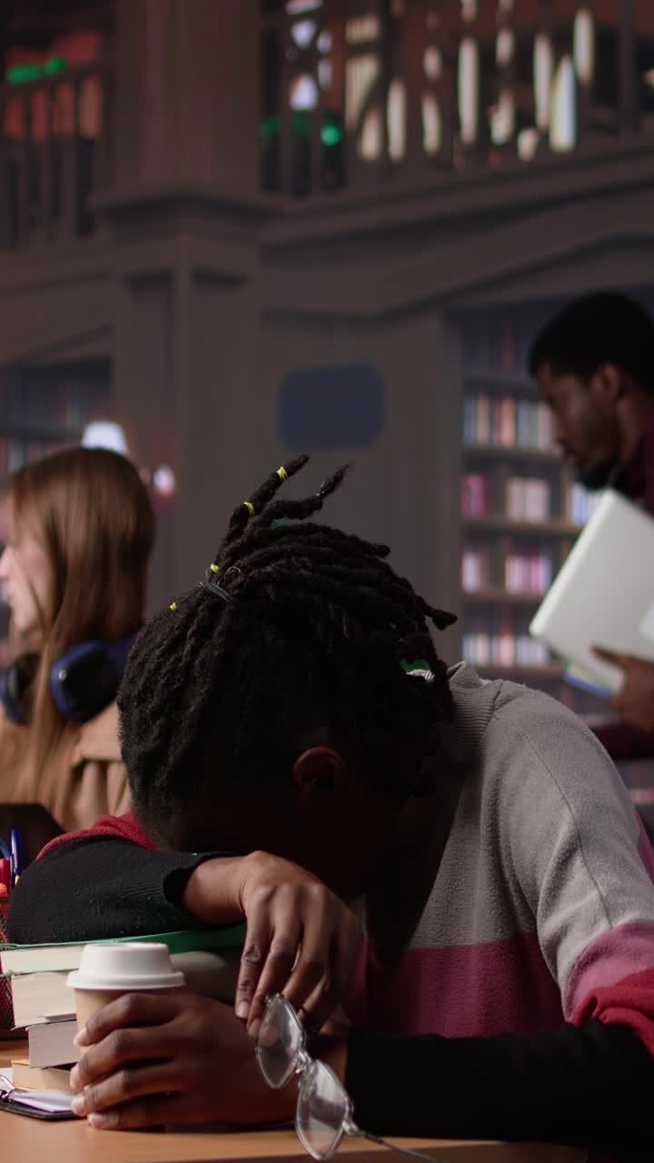Vertical video young adult wakes up black student in university library after falling asleep