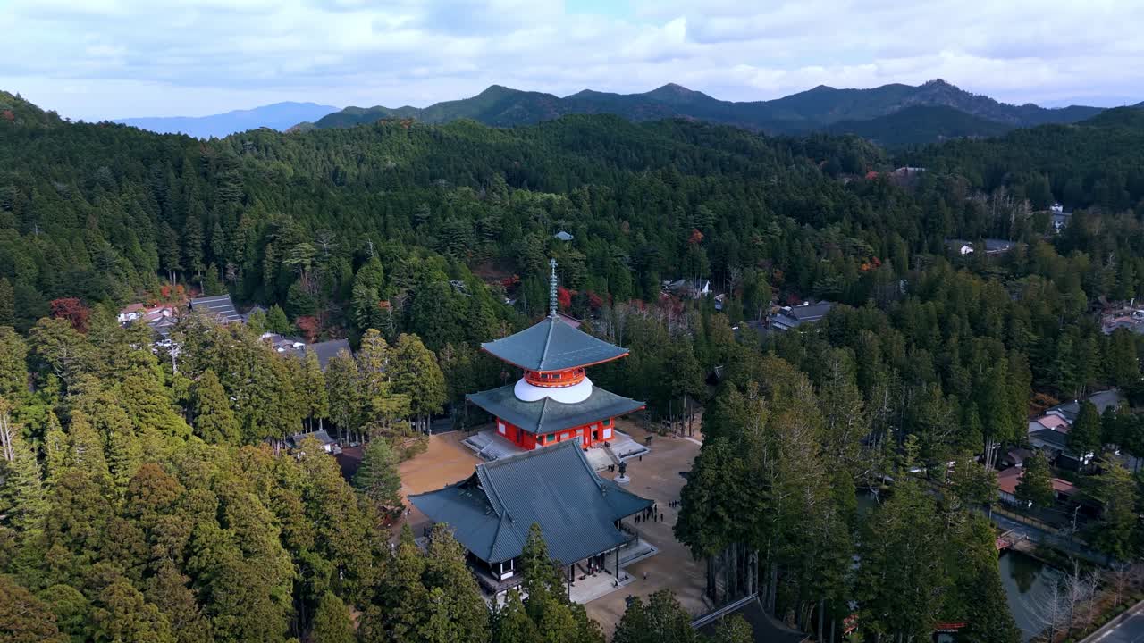 Drone video capturing the iconic Danjo Garan Sacred Temple Complex in Koyasan, Japan.