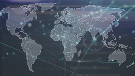 Animation-of-network-of-connections-over-data-processing-and-world-map