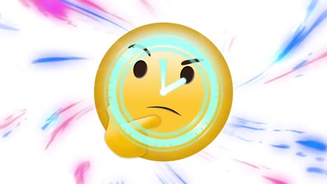 Reloj-Digital-De-Neón-Haciendo-Tictac-Sobre-Cara-Pensante-Emoji-Contra-Ondas-Digitales-Sobre-Fondo-Blanco.