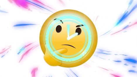 reloj digital de neón haciendo tictac sobre emoji de cara pensante contra ondas digitales en fondo blanco